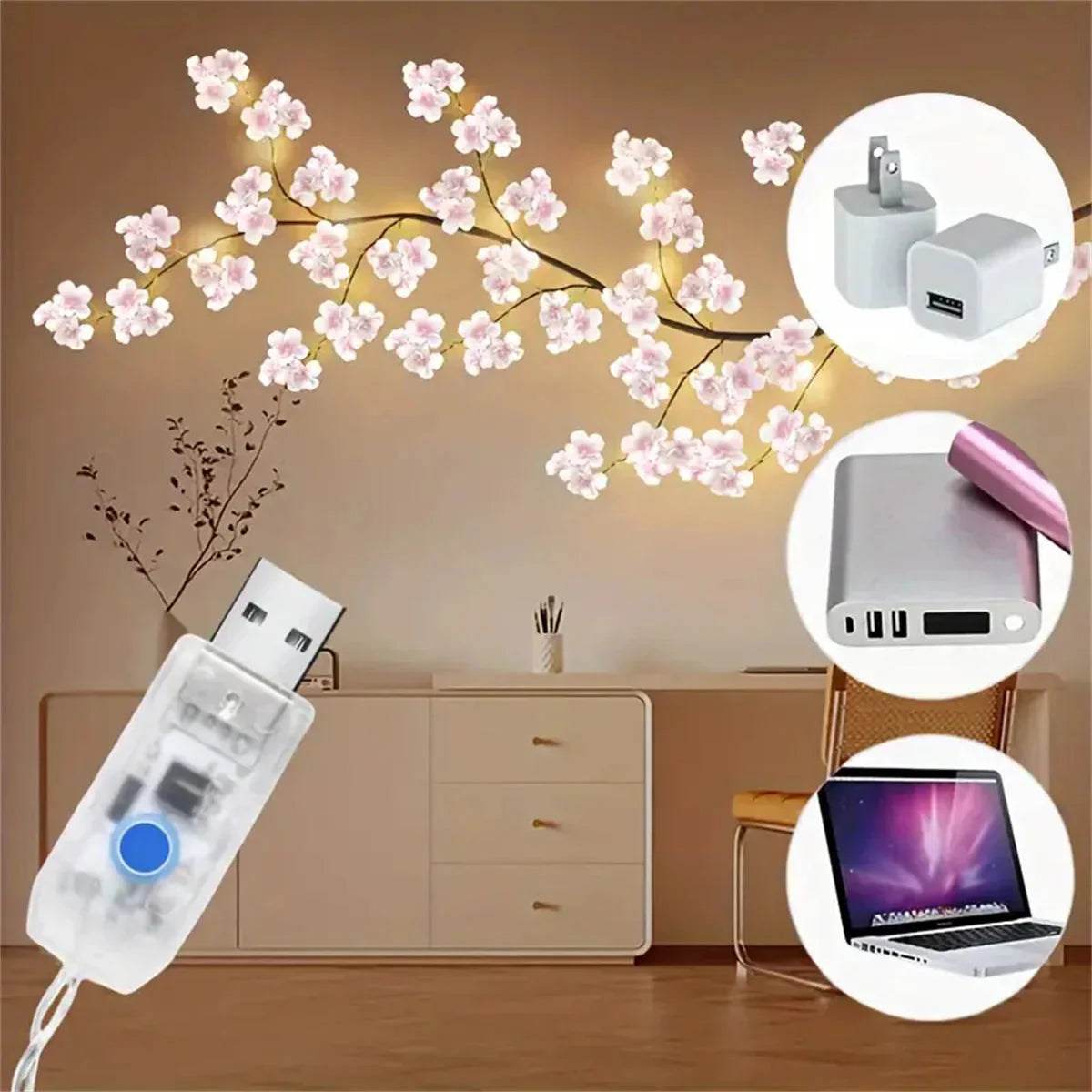 Cherry Blossom 96 Led USB Tree Branch Rattan Lights 8 Modes Colorful String Lamp Any Occasion Decoration