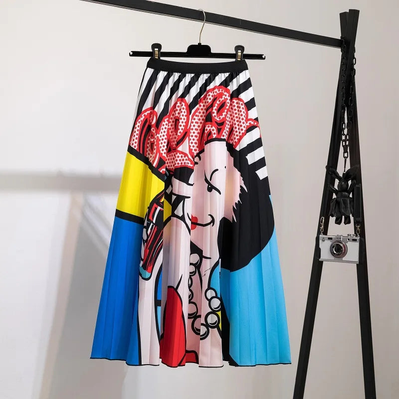 2023 Summer Women Cartoon Print Pleated Skirts A Line High Waisted Elastic Midi Long Skirt Ladies Party Korean Style Dresses