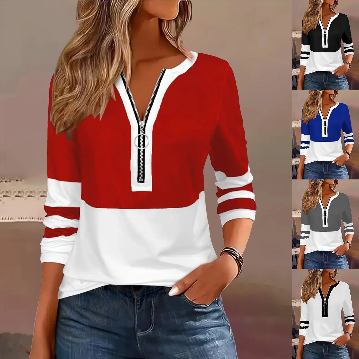 Plus Size Long Sleeve, Geometric Stripes & Color Block Ring Zipper.