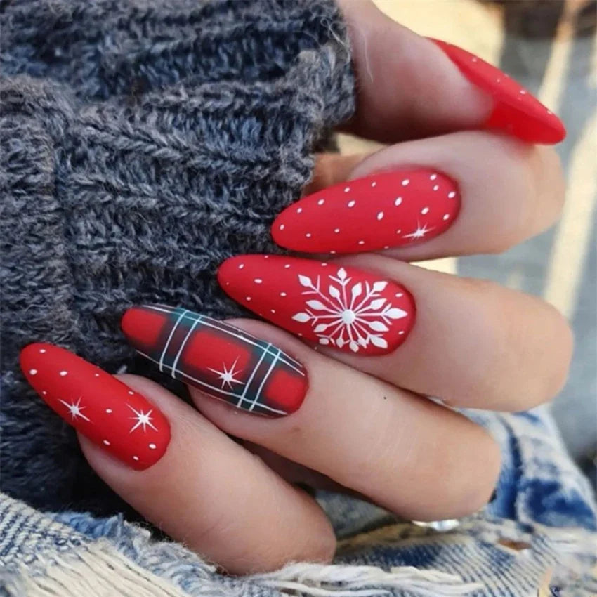 24Pcs/Set American Almond Christmas Wearing False Nails Full Coverage Press on Nails Removable Adhesive Acrylic Fake Nails Tips