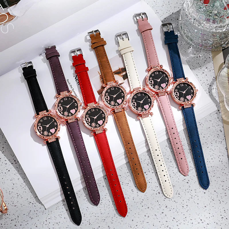 2/1PCS Fashion Heart Dial Women's Watches Luxury Leather Band Quartz Watch Rhinestone Bracelet Set Female Relogio Feminino