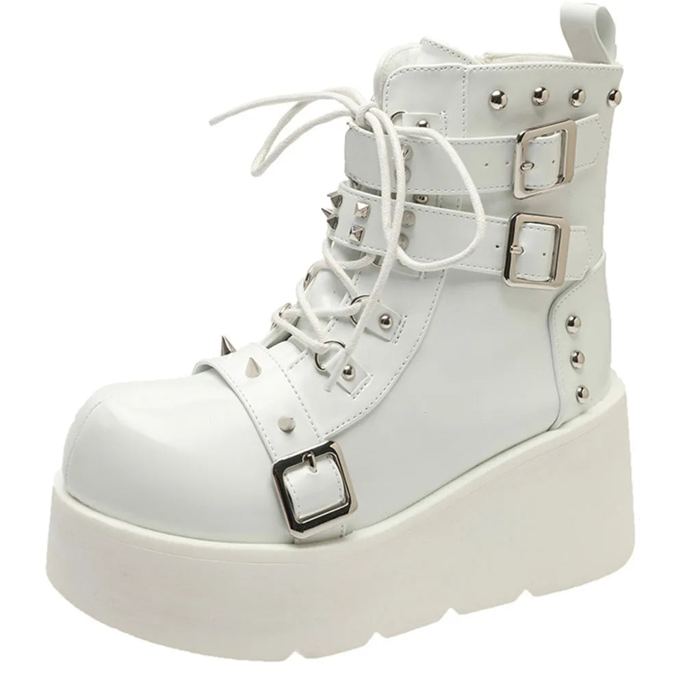 Brand New Ladies Goth Platform Ankle Boots Fashion Buckle Zip Rivet Punk Wedges High Heels Womens Boots Party Street Woman Shoes