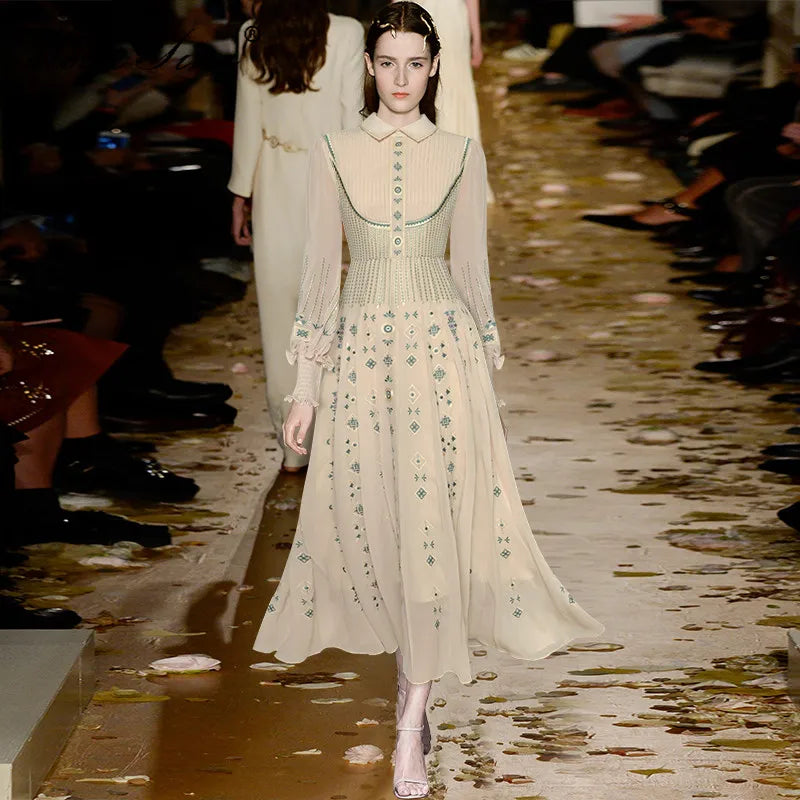 MoaaYina Fashion Designer Spring dress Women's Dress Turn-down Collar Lantern Long Sleeve Flower Embroidery Dresses