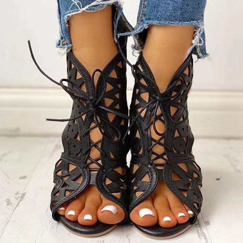 New Womens Gladiator Sandals Summer Retro Wedge Lace Up Mesh Shoe Casual Open Toe One Word Buckle Sandals Plus Size 36~42