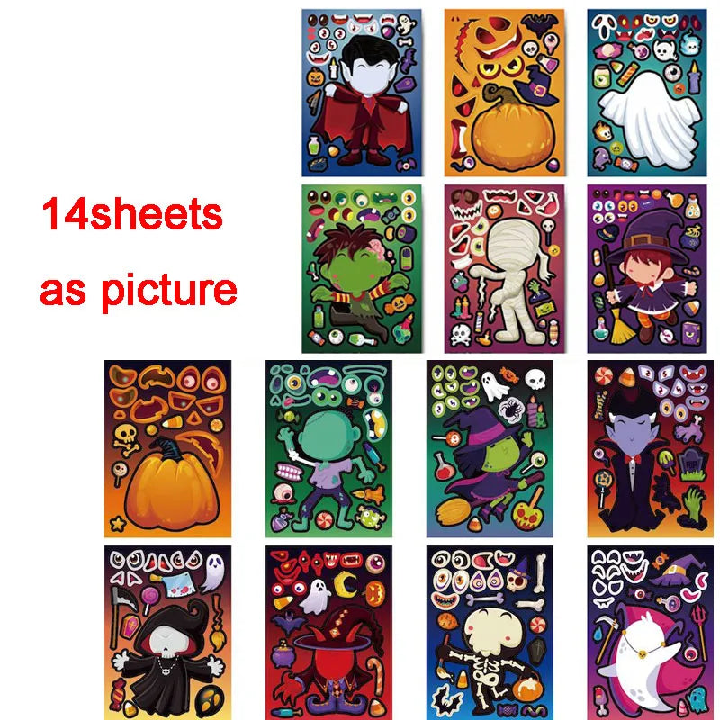 Halloween Party Favors Stickers for Kids 6-24sheets DIY Ghost Witch Mummy Make A Face Stickers Children Toddles Puzzle Jigsaw