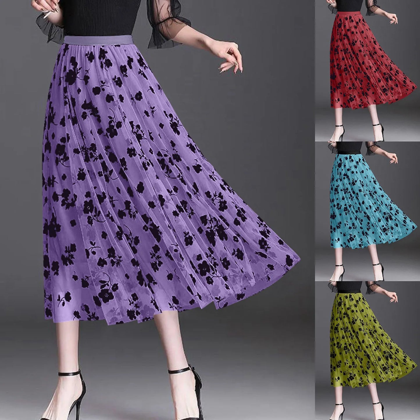 Women Vintage Fashion Floral Printed Flowy A Line Skirt Casual Boho Slim Fit Long Skirt Elegant Chic Summer Mesh Chiffon Skirts