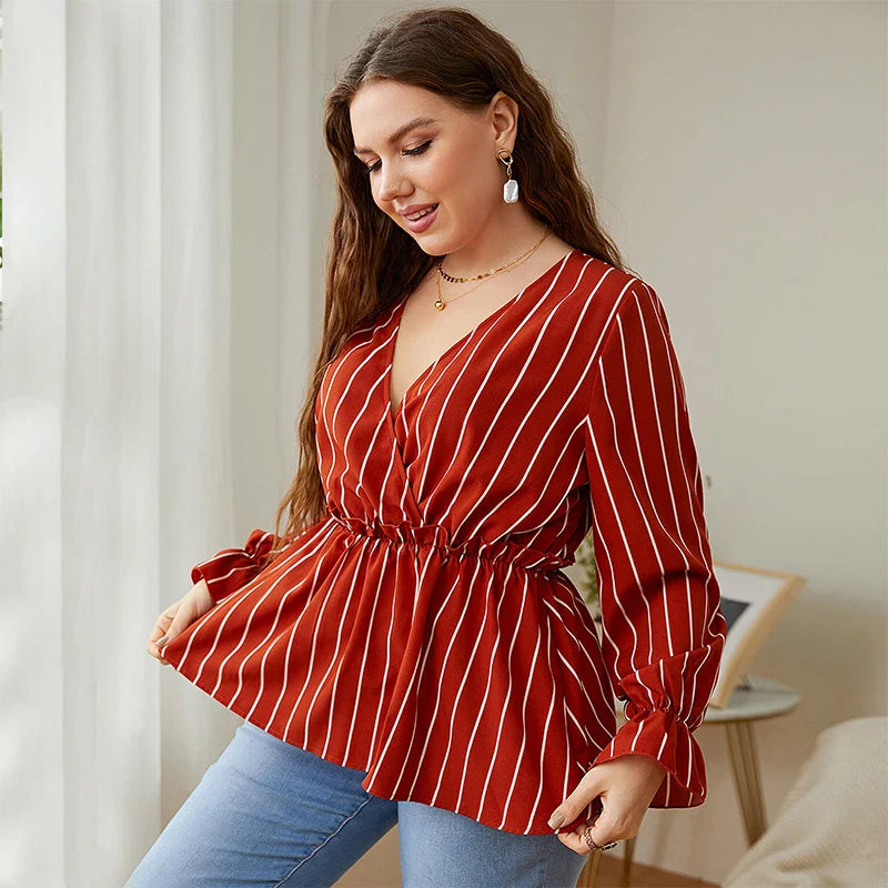 Della Mel Women Plus Size Vintage Long Sleeve Tops Striped Print Wrap V-Neck Loose Ruffles Elastic Waist Peplum Blouses 3XL 4XL