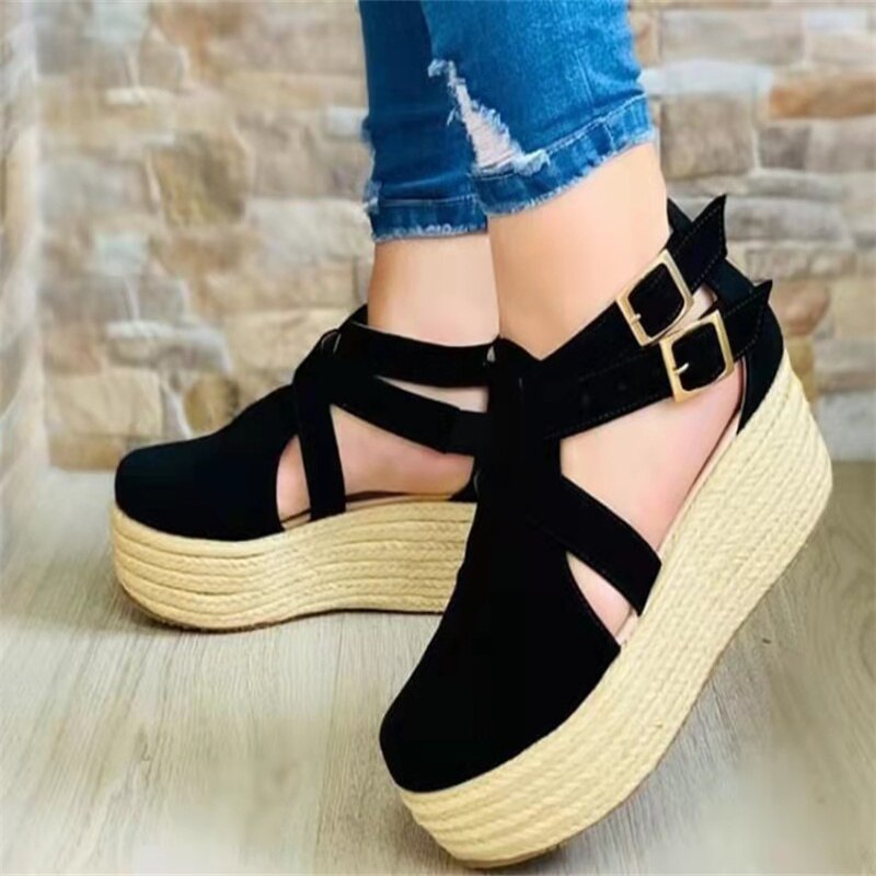 Summer New Sandals Womens Buckle Belt Retro Platform Straw Velvet Fashion High Heels Cozy Girl Sandalias Plus Size 35~43