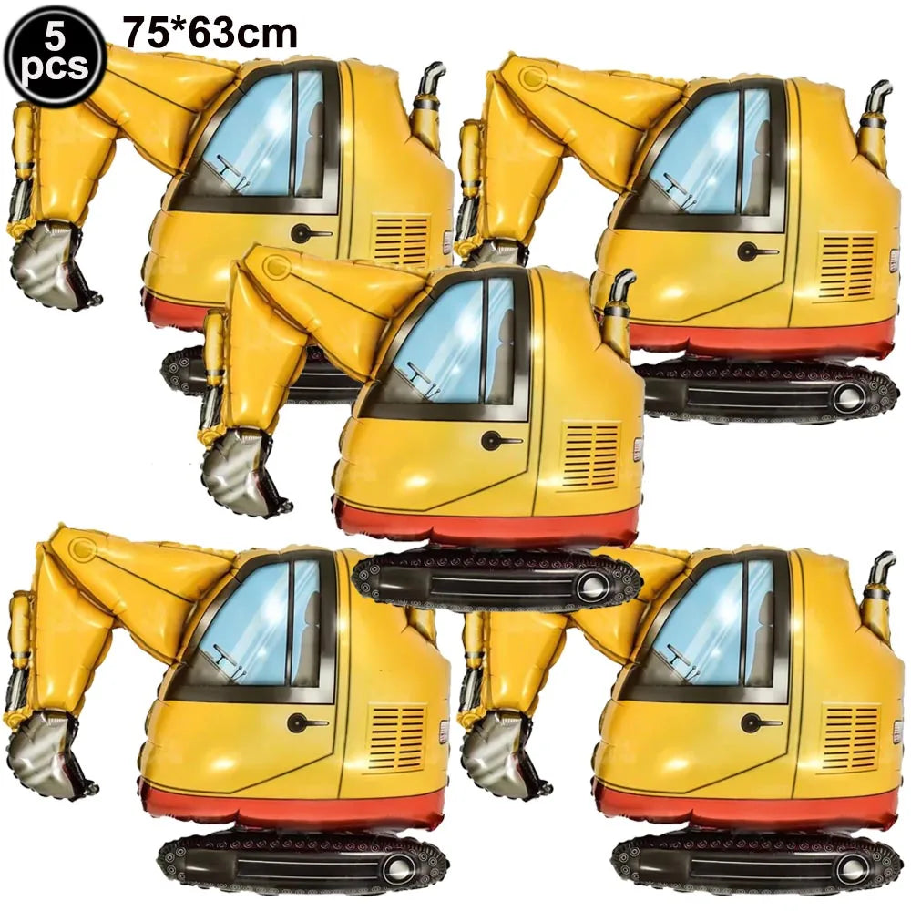 5pcs Construction Themed Balloon Carton Vehicle Balloon Excavator Forklift Crane Balloons for Boy's Construction Birthday Party