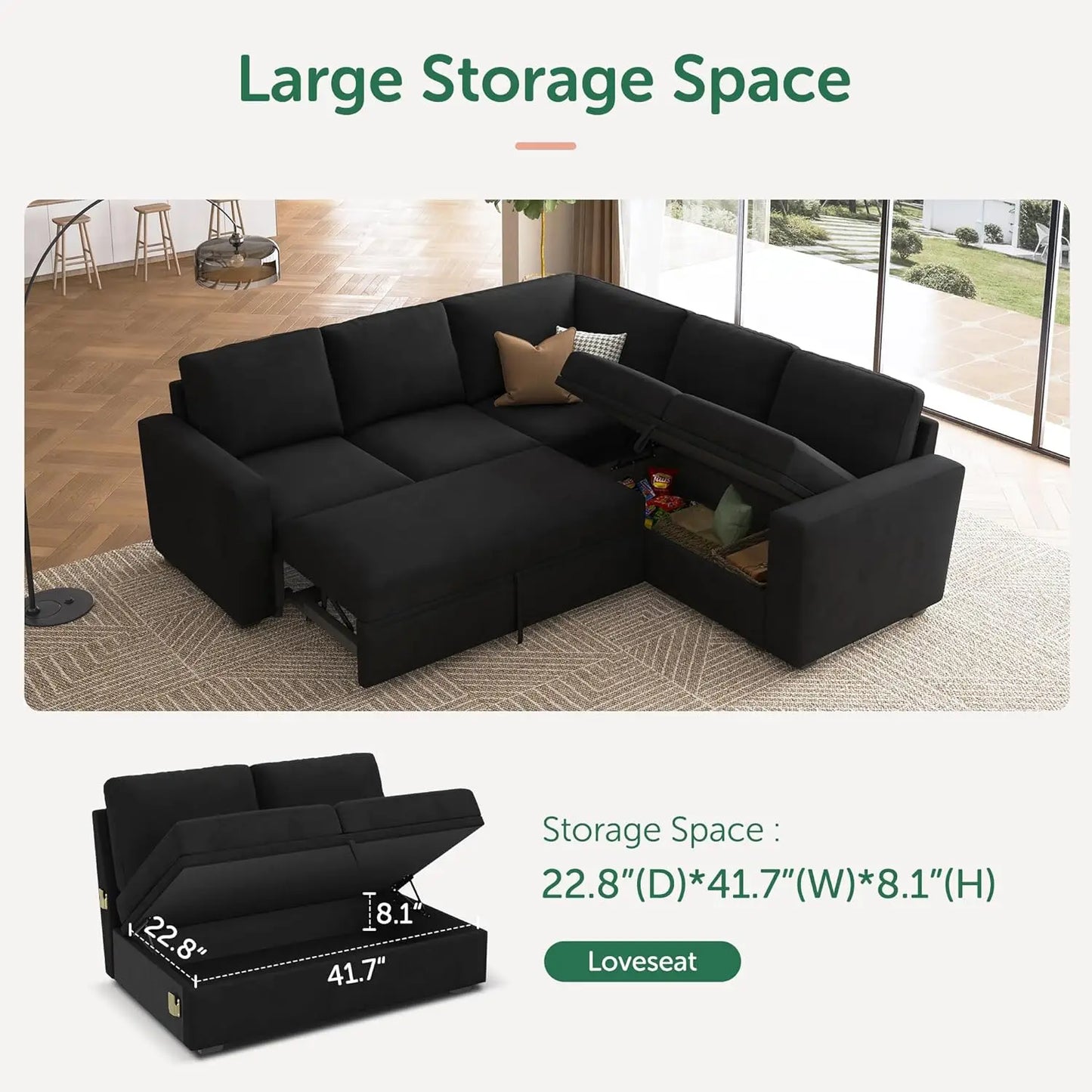 Velvet Sleeper Sectional with Storage, L-Shaped Pull Out Bed Black, Modular Design.