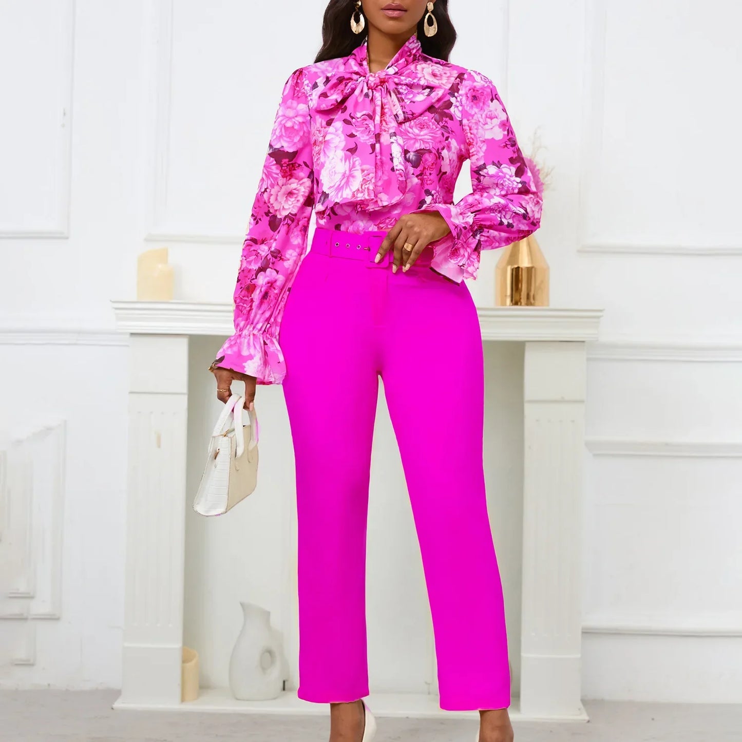 2 Piece Set African Clothes for Women Spring Africa Clothing 2024 New Plus Size Outfit Print Shirt Pants Matching Sets With Belt