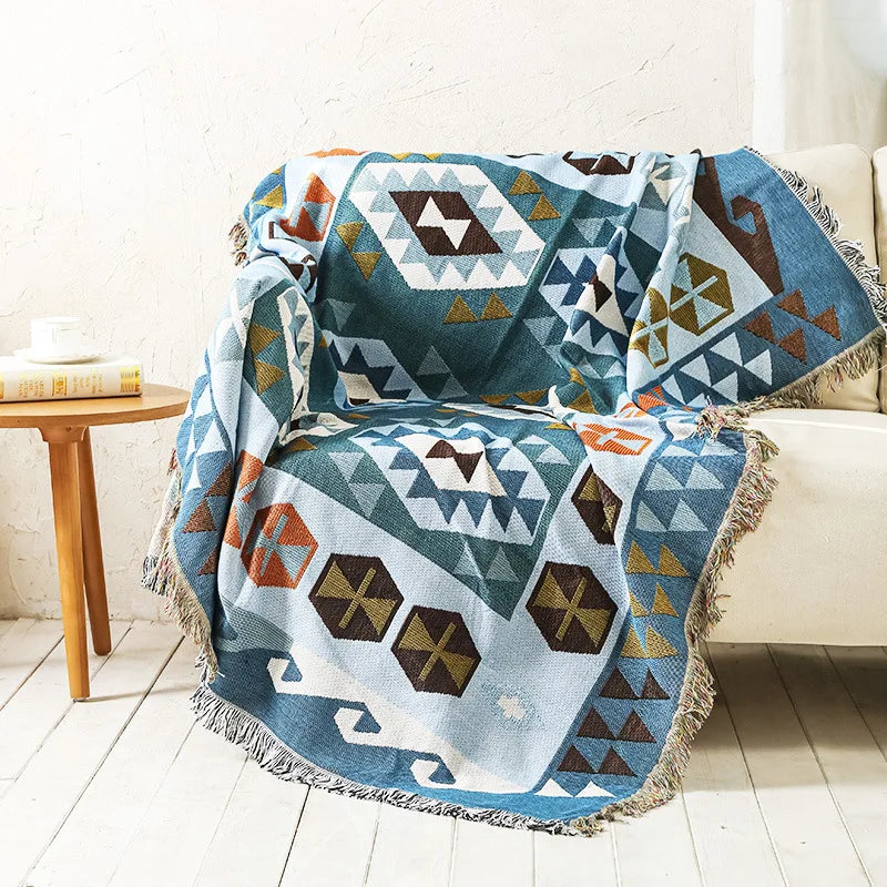 Retro Indian Style Thread Blanket Countryside Geometry Sofa Cobertor Hanging Tapestry Cotton Knitted Sofa Blanket for Bed Travel