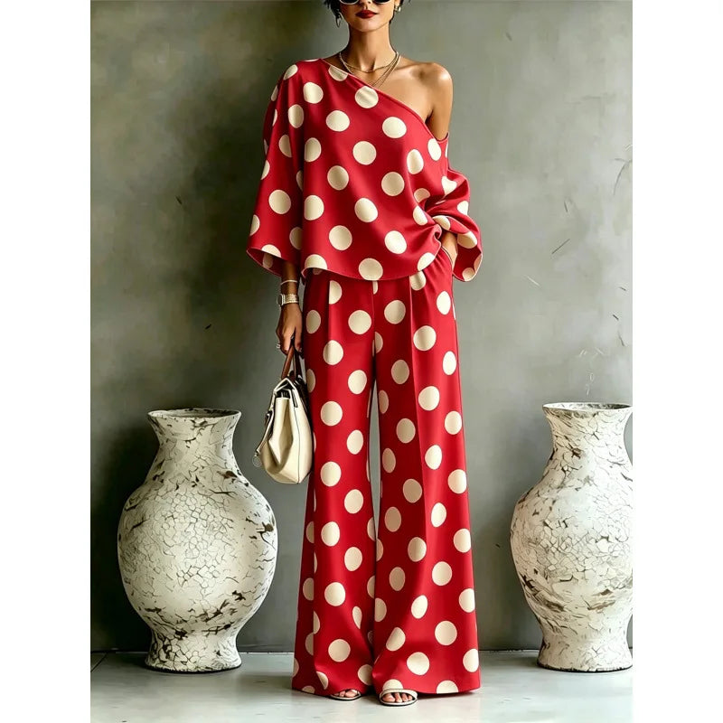 Bohemian Fashion Polka Dot Print Two-piece Set Woman's Foreign Style Slant Collar Top+wide Leg Pants Suit Lady Loose Fit Outfit