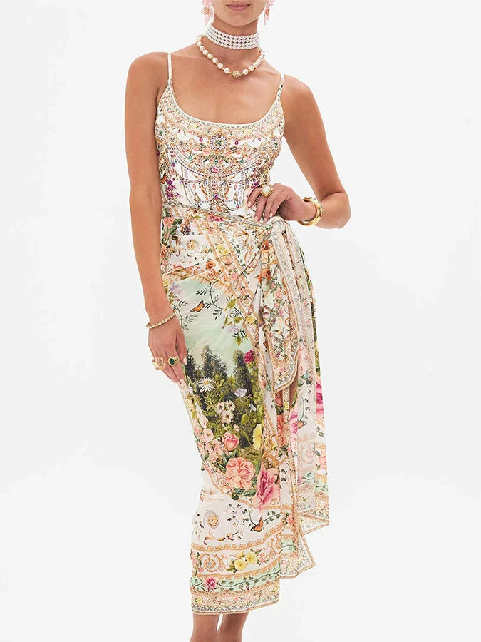 Fashion Floral Print Vintage Elegant Oil Print One Piece Women's Bikini Swimsuit U Neck Backless With Long Cover Up 2024 Summer