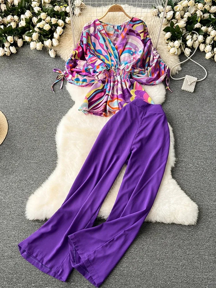 New Summer Women's Fashion Set Beach Vacation Short Sleeve V-neck Waist Loose Shirt Wide Leg Pants Two Piece Set  A77