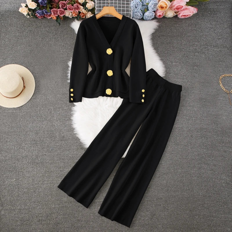 2024 Autumn Winter Knitted Set Women Casual Gold Button V-Neck Long Sleeve Sweater Cardigan Coat + Wide Leg Pants Two Piece Sets