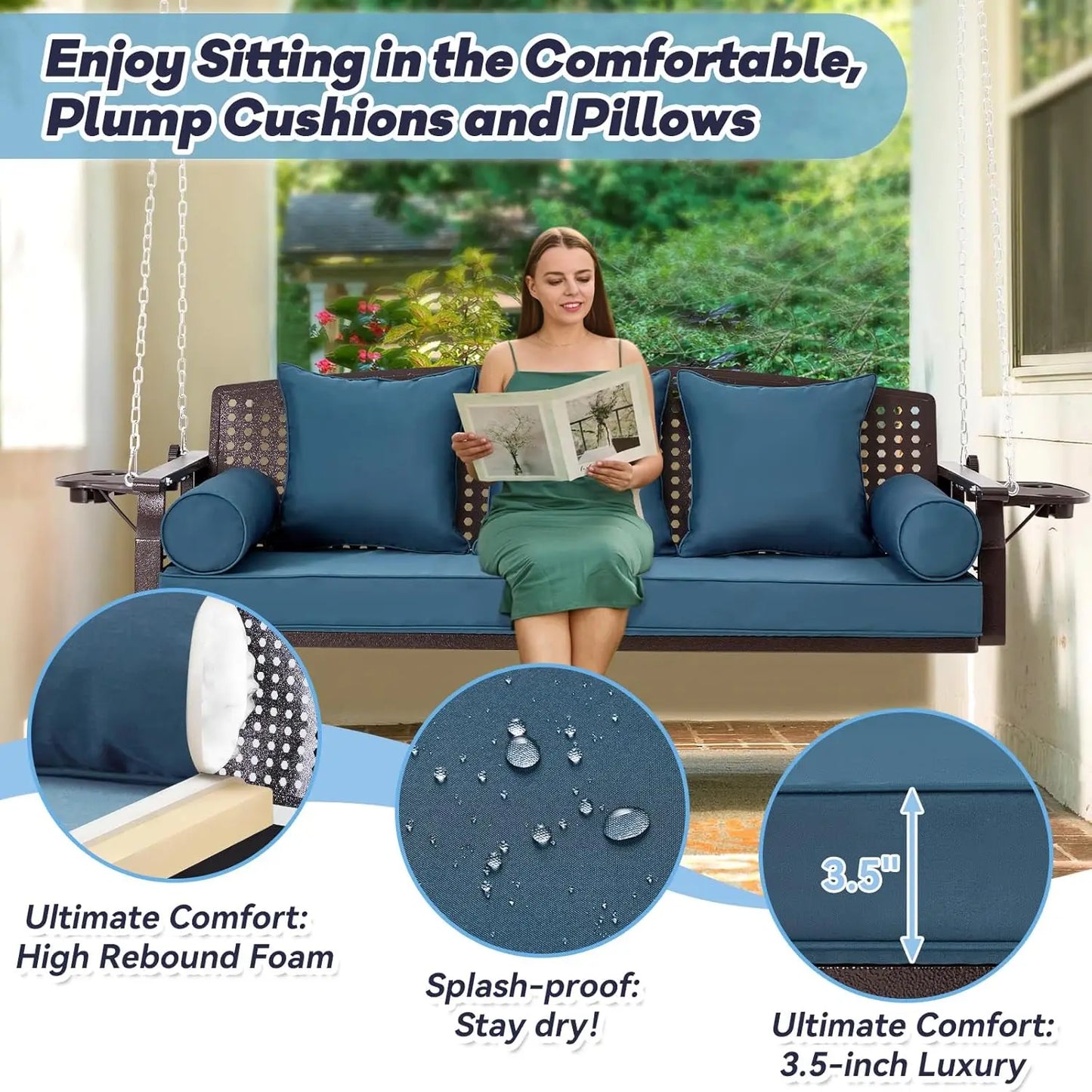 Brown Seagrass Rattan 3 Seat Porch Swing Blue Cushions Cup Holders Chains Deck Garden Backyard