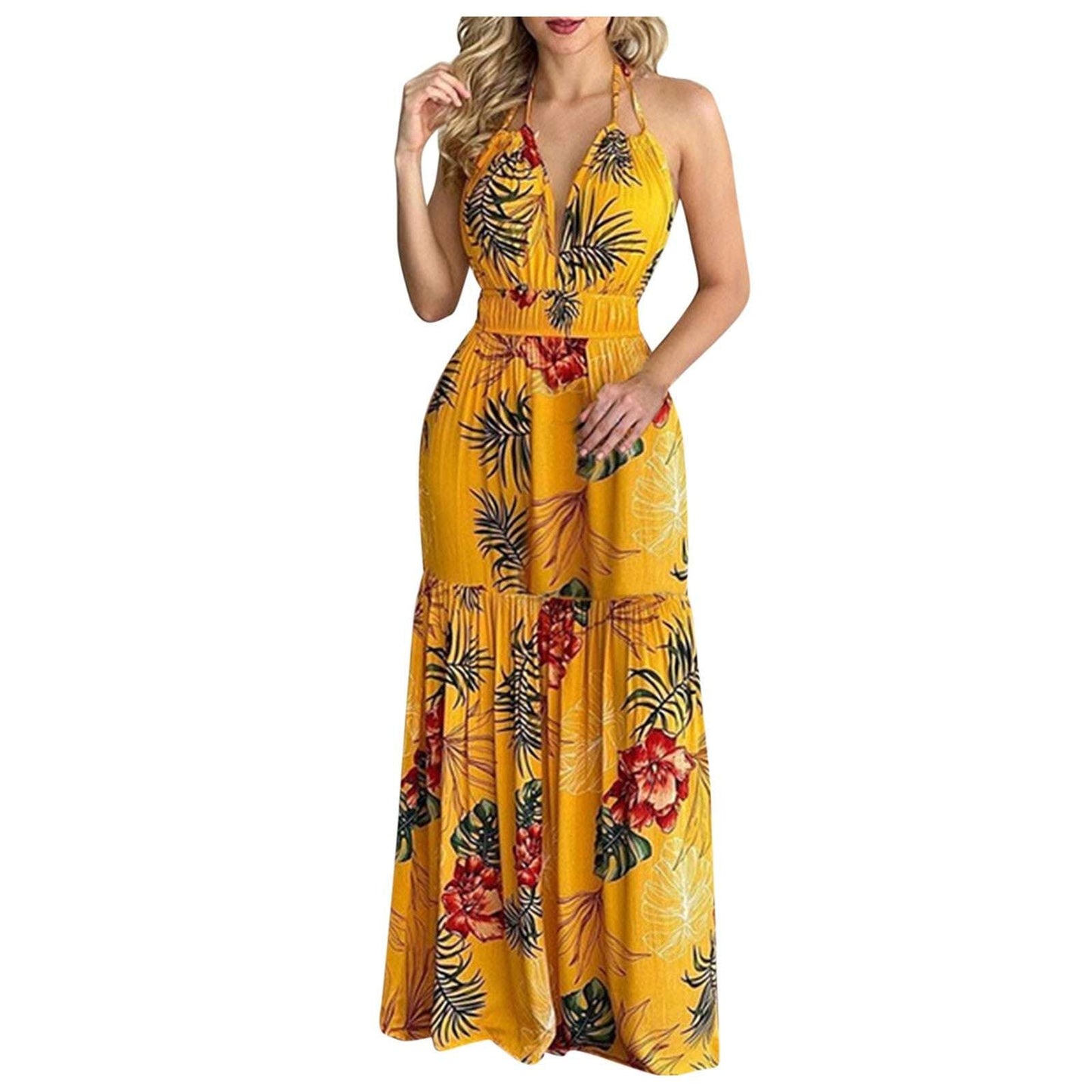 Women Tropical Print Halter Backless Maxi Dress Sexy Sleeveless Deeep V Beach Dress Chic Elegant Ruffles Pleated Dress Vestidos