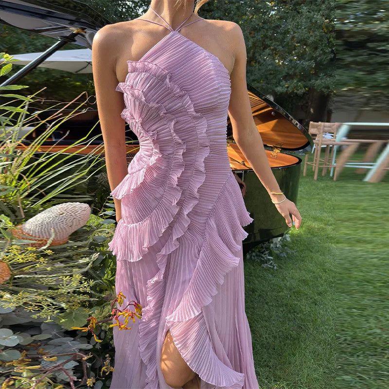 Elegant Women Ruffle Pleated Long Dress , Sleeveless Halter, Tiered Pleated , Maxi Dresses.
