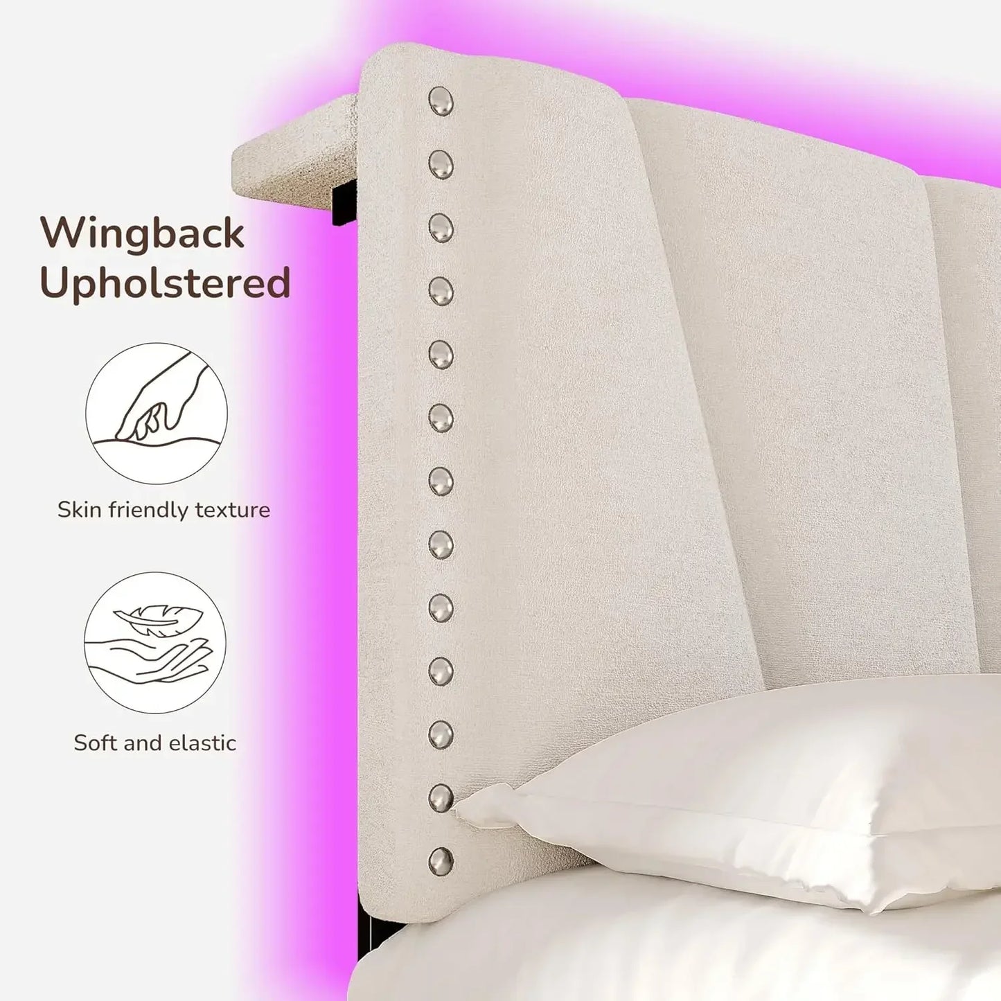 Velvet Headboard and LED Lights  Platform Bed with Charging Station King Size Bed Frame