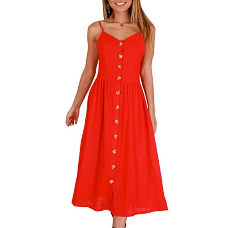 Solid color summer camisole women's beach dress, fashionable and casual patchwork camisole button back tie dress for women