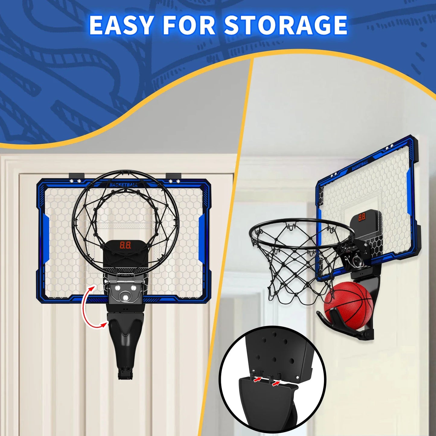 Basketball Hoop Wall-mounted Indoor Training Home Kids Basketball Toy,with 7 LED Lights Scoreboard 3 Play Modes,Mini Basketball Hoop Set For Kids Outdoor Games