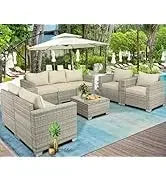 Qoutdoor PE wicker patio furniture rattan sectional loveseat couch set conversation sofa with storage box for balcony lawn a