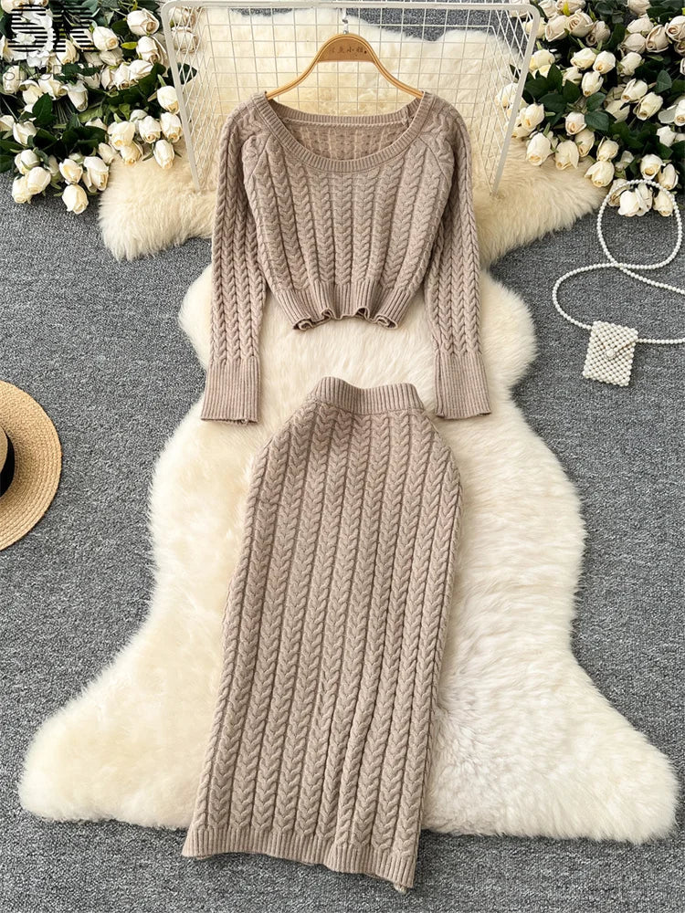 SINGREINY Winter Warm Knitting 2pcs Suits Women Long Sleeve O Neck Short Sweater+Elastic Waist Skirt Autumn Senior Sexy Sets