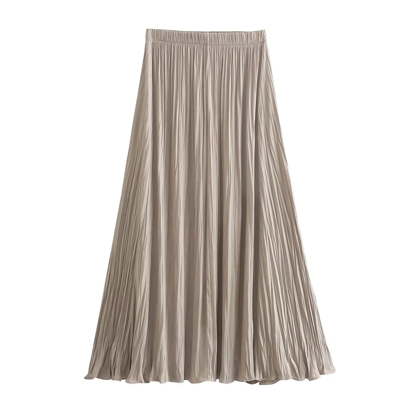 TRAFZA 2024 Summer Elegant Long Skirts Women's Trendy Solid Color Folds Elastic Waist Female New Fashion Casual Loose Skirts