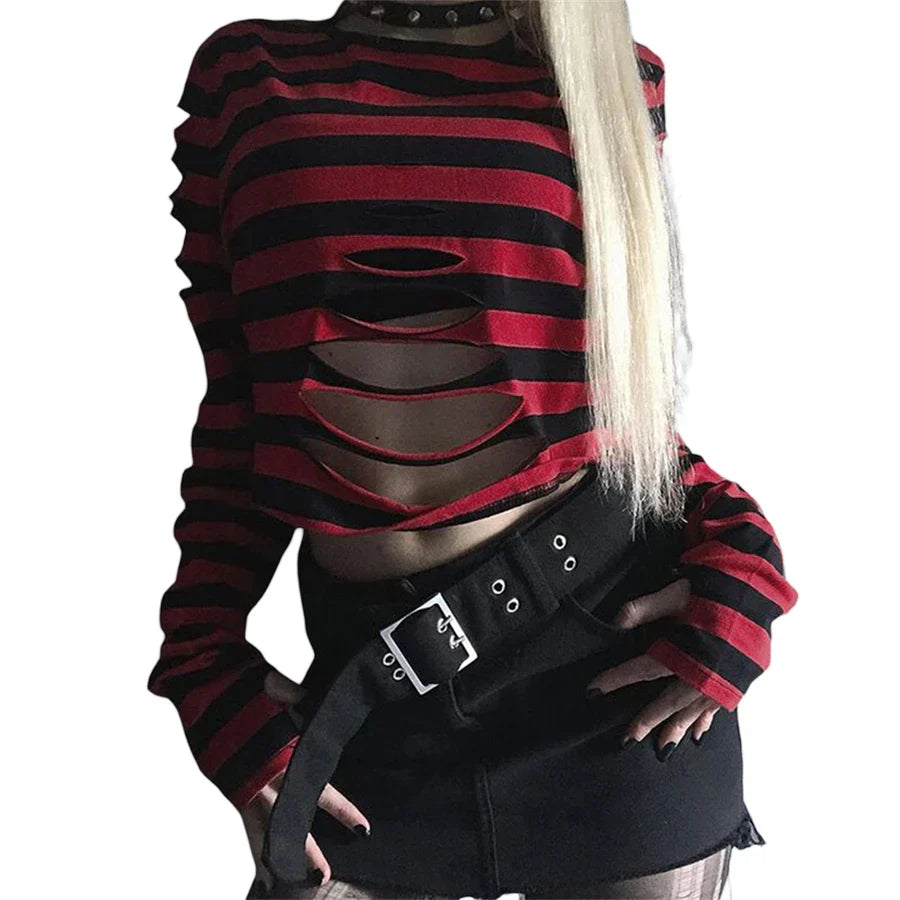 Gothic Black Striped Holes Ripped T-Shirts Women Grunge Punk Aesthetic Clothes Long Sleeve O Neck Cropped Pullovers Streetwear