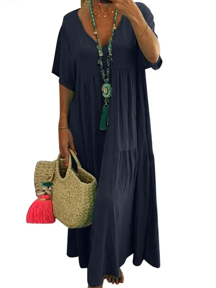 Summer New Casual Solid Color Cotton Hemp Short Sleeve Long Women's Dress Simple Loose Beach Maxi Female Fashion Dresses 2023