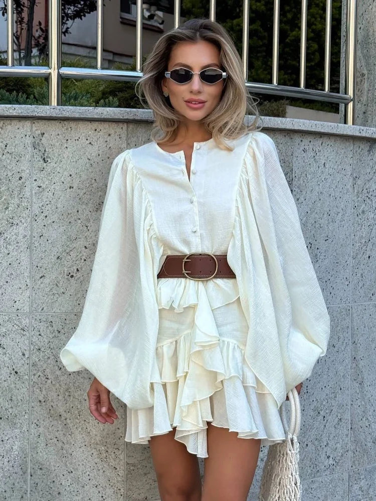 Elegant Layer Ruffles Hem Mini Dresses Chic Loose O Neck Lantern Sleeve Button A-line Cake Dress New Ladies High Street Vestidos