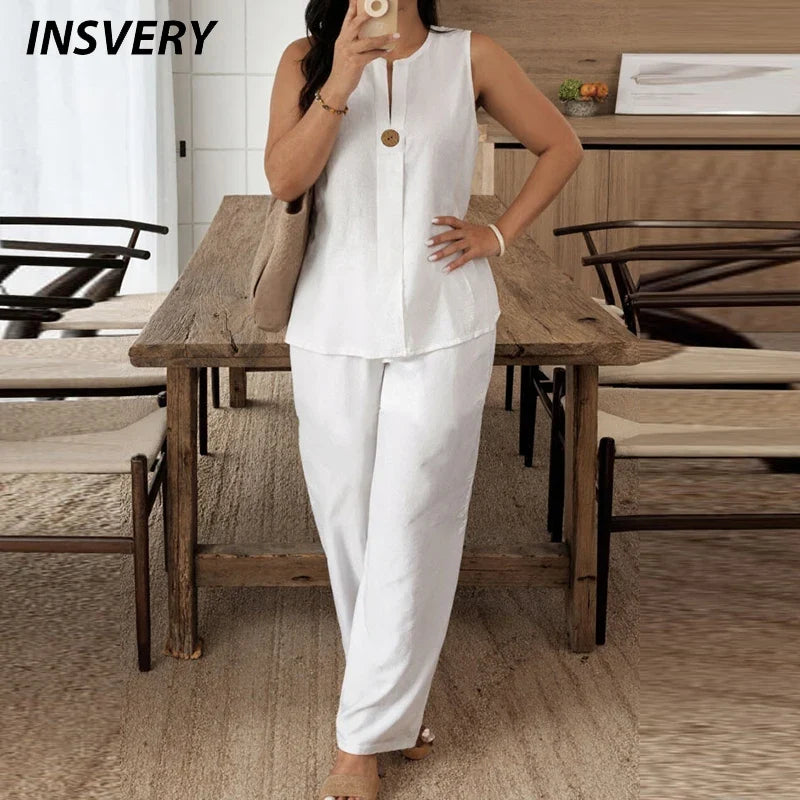 Summer O Neck Button Vest Shirt Wide Leg Pants Suit Women Casual Two Piece Set Solid Color Comfortable Holiday Outfits White