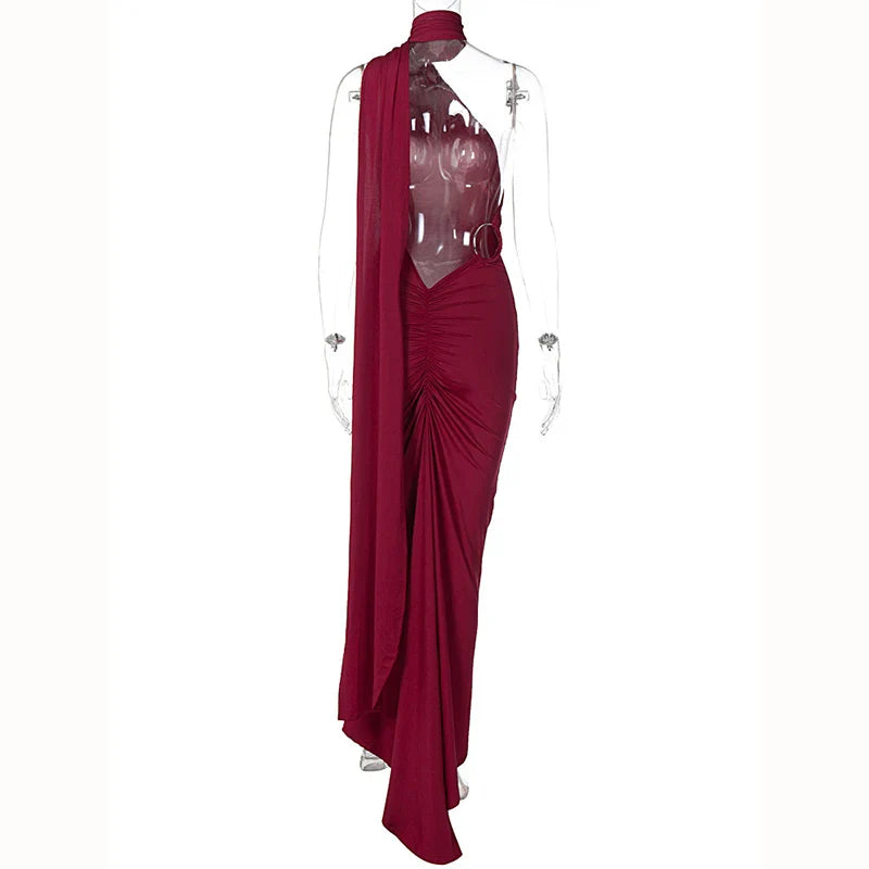 Hugcitar One Shoulder Backless Adjustable Scarf Loop Ruched Sexy Maxi Dress 2025 Women Elegant Y2K Streetwear Festival Outfit