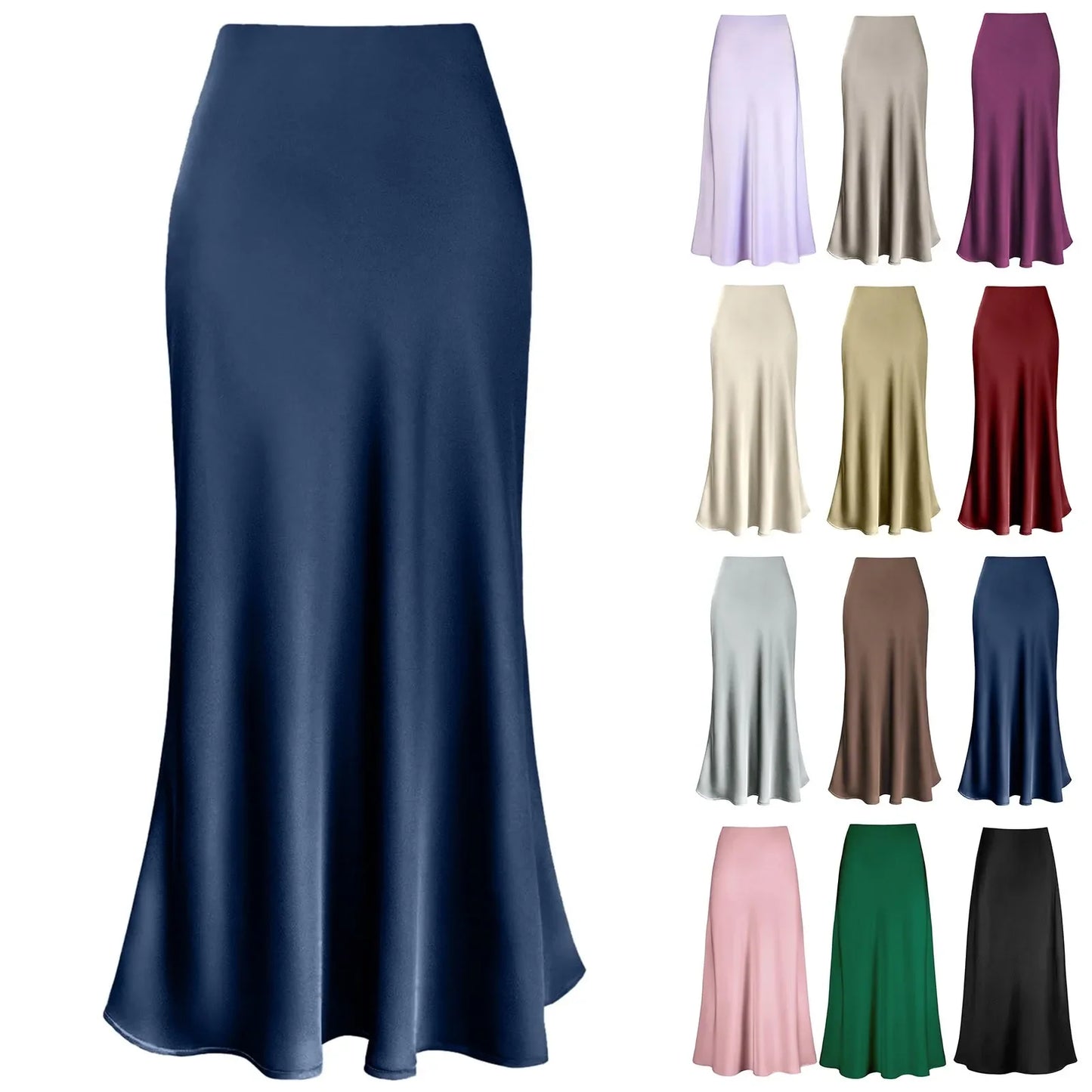 Silk Satin A-Line Pleated Long Skirts Women 2024 Summer Korean Elegant Skirt High Waist Solid Satin Dress Midi Maxi Skirt 스커트