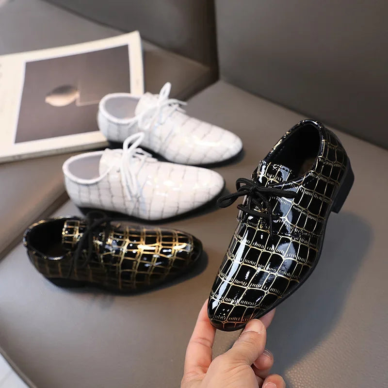 Boys Performance Shoe, Pointed Toe Black, White Children Leather Casual Shoes.