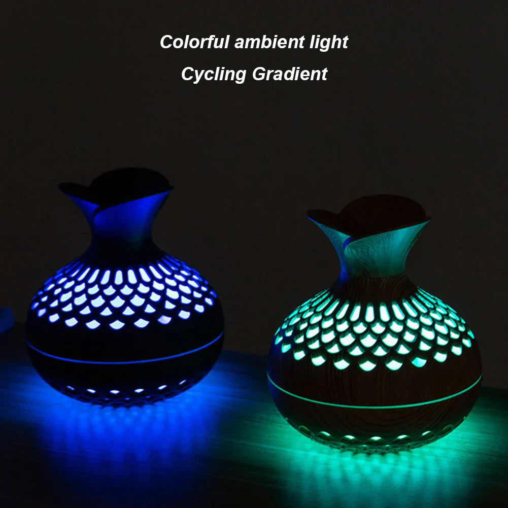 300ML Wood Grain Flower Humidifier Silent Aromatherapy Diffuser USB Rechargeable Mini Air Humidifier with Colorful Night Light