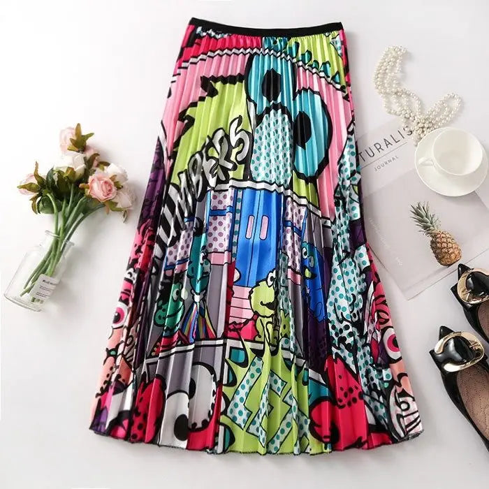 2023 Summer Women Cartoon Print Pleated Skirts A Line High Waisted Elastic Midi Long Skirt Ladies Party Korean Style Dresses