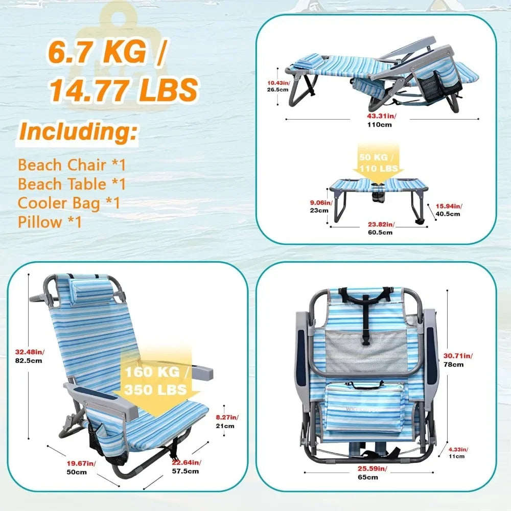 Backpack Folding Beach Chairs Set of 2 for Adults Heavy Duty 350Ibs with Camping Table Portable Lay Flat Beach Chair
