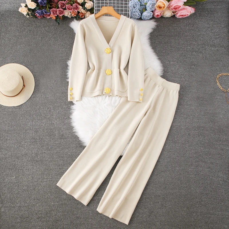 2024 Autumn Winter Knitted Set Women Casual Gold Button V-Neck Long Sleeve Sweater Cardigan Coat + Wide Leg Pants Two Piece Sets