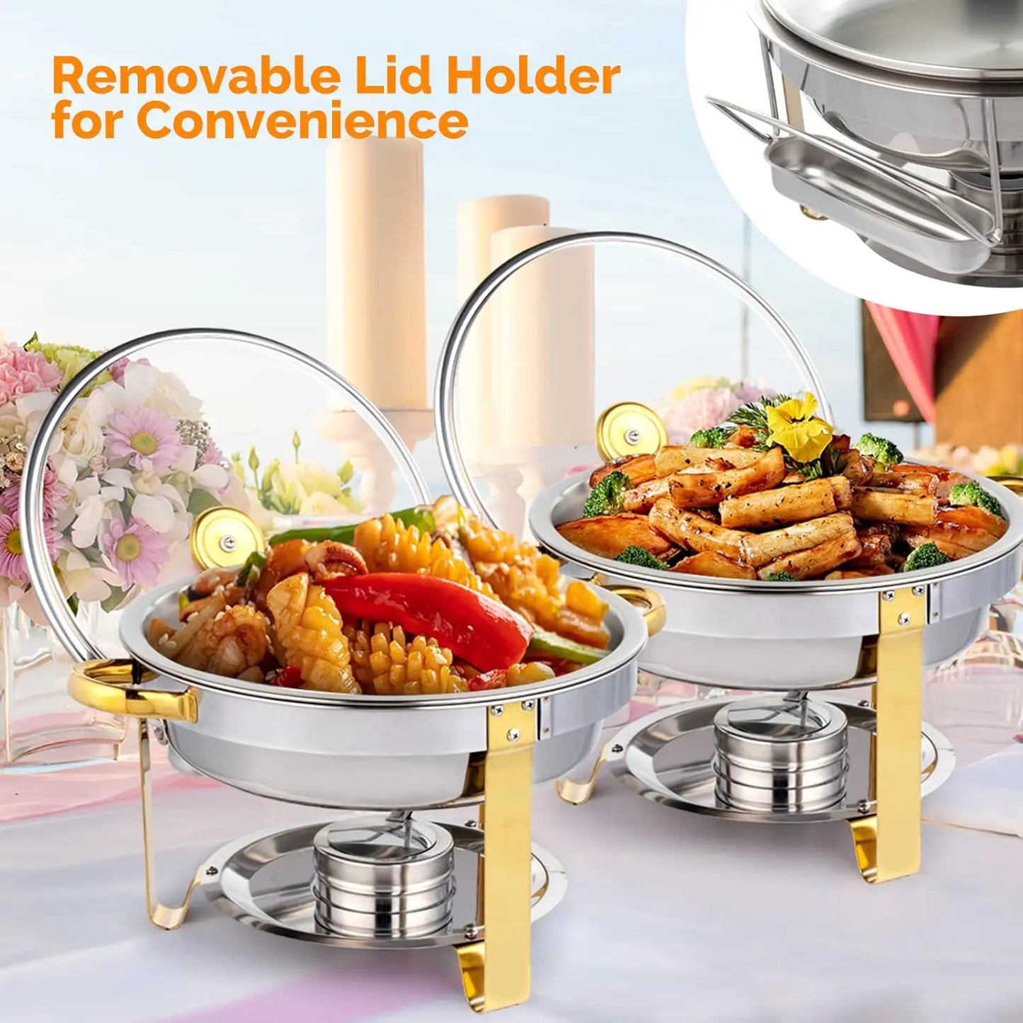 5QT 4 Packs Chafing Dish Buffet Set Gold Accent, NSF Round Stainless Steel Buffet Warmer.