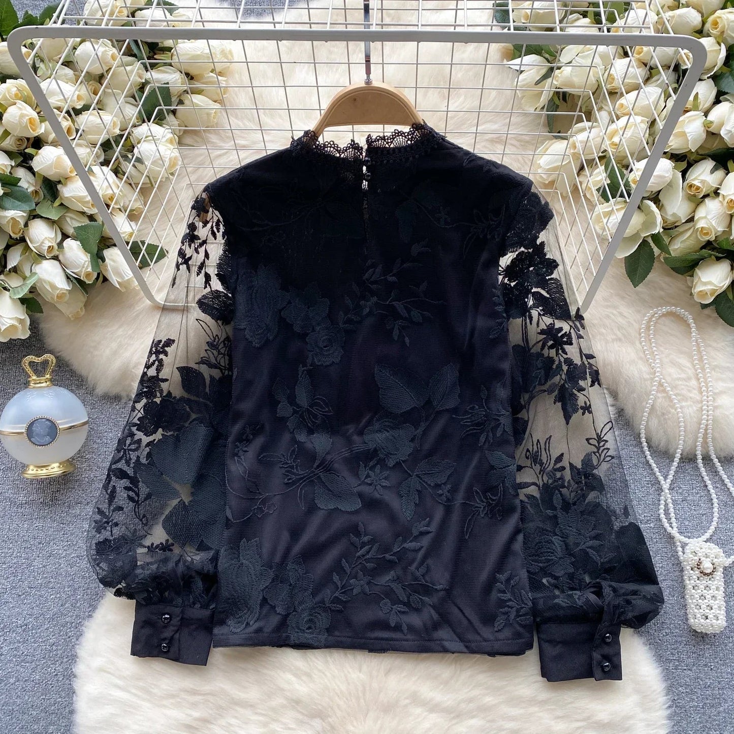 Vintage Blouse for Women Hollow Lace Sheer Long Lantern Sleeve Stand Collar Skinny Blouses Versatile Female Tops Dropshipping