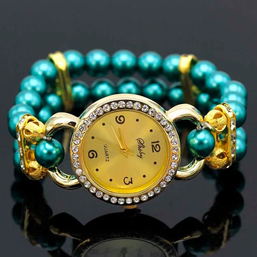 Shsby New Women's Rhinestone Quartz Analog Bracelet Wrist Watch Lady Watches With Colorful Pearls