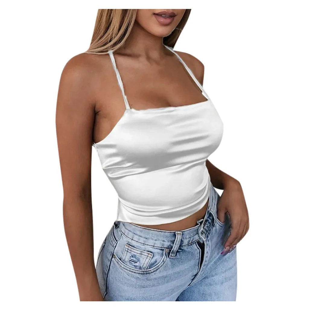 Slim Backless Crop Tops Soft Ice Silk Sexy Camisole Women's Club Party Bandage Camis Y2k Sexy Tank Tops Blusas Ropa De Mujer