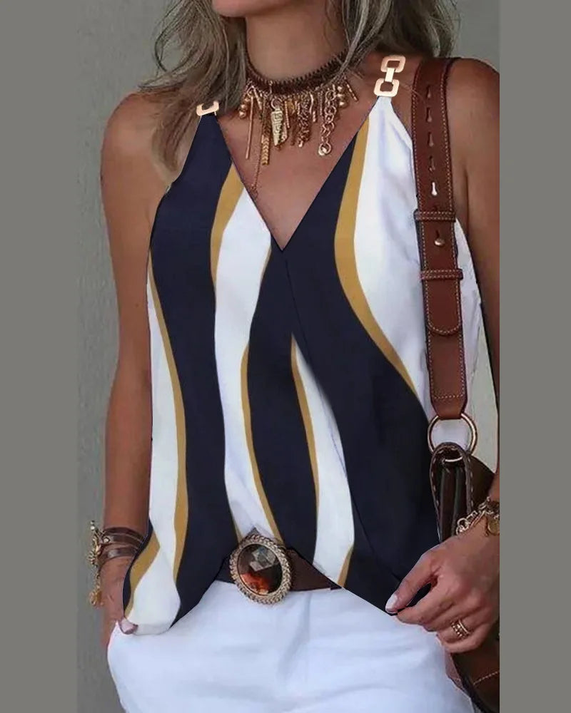 Women's Summer Simple V-neck Metal Buckle Printed Tank Top 2023 Sexy Women's Casual Sleeveless Loose Strap T-shirt