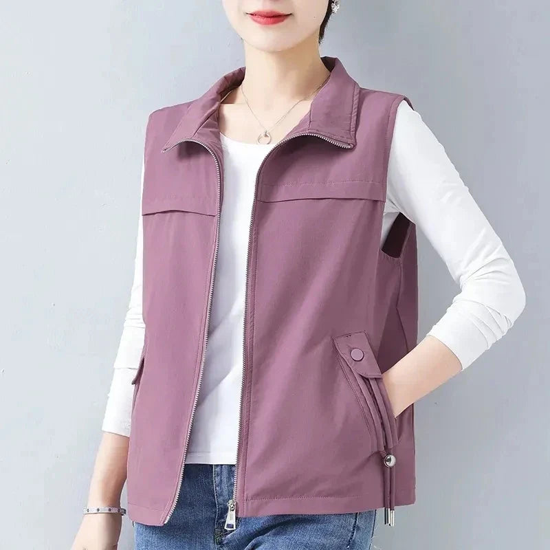 Casual Khaki Short Women's Vest Oversize Liner Sleeveless Jackets 2023 Spring Summer New Zipper Basic Waistcoat Female Outerwear