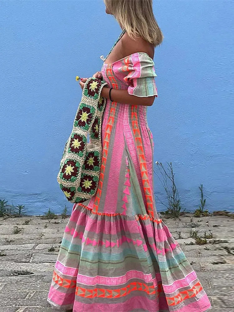 Colorful Rainbow Stripe Print Ruffles Dress Women Sexy Off Shoulder Backless Flods Vestidos Summer Chic Female High Streetwear