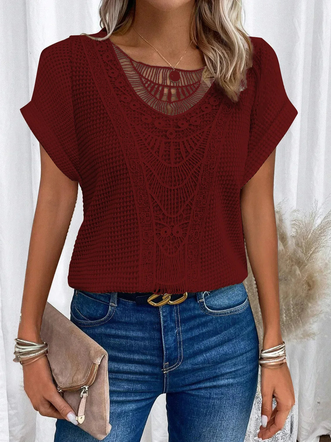 Fashion Lace Stitching T-shirt For Women's Tops Summer Casual Round Neck Office Ladies Clothes Short-sleeved Loose Tees Women