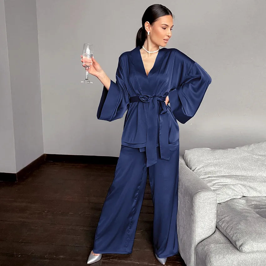 Women's 2024 Matching Sets Pajamas With Belt Satin Tow Pieces Suit Soft Loose Pyjamas Casual Solid Sleepwear Female Home Clothes