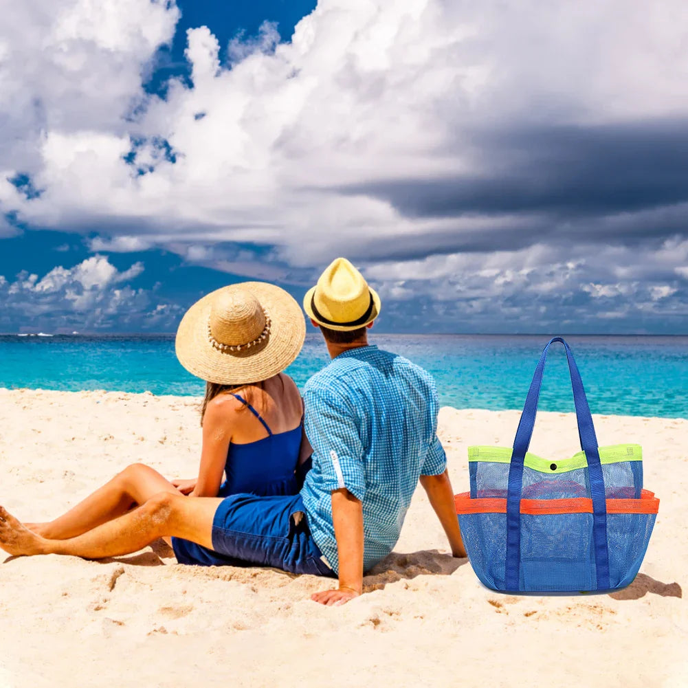 Mesh Beach Bag Large Beach Tote Bag Lightweight Sand Toy Organizer Bag Waterproof 7 Pockets for Cruise Swim Vacation Essentials
